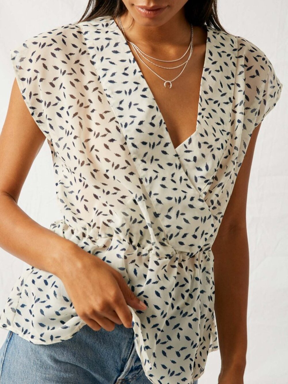 V-Neck Cap Sleeve Peplum Blouse in Cream with Navy Print